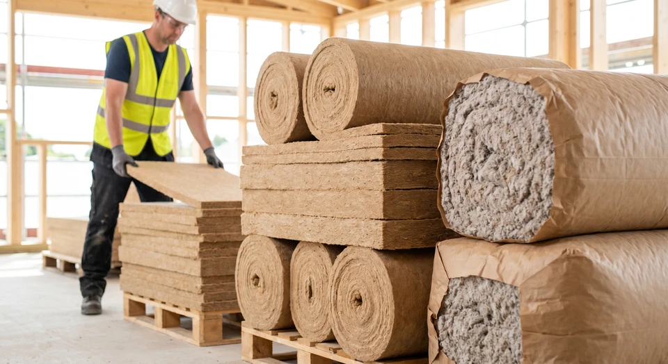 Photographie professionnelle en gros plan montrant des rouleaux et panneaux d'isolants naturels (fibre de bois et ouate de cellulose) empilés ou disposés de manière organisée sur un chantier ou en atelier, avec des matériaux visiblement écologiques et de qualité. L'image doit transmettre professionnalisme, durabilité environnementale et performance des matériaux, sans texte ni logo visible.