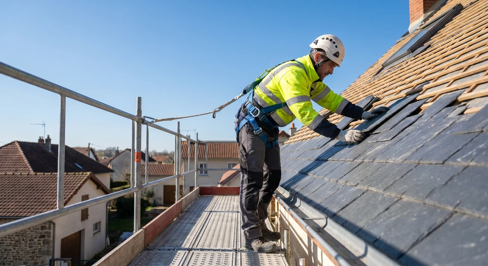 Photo réaliste montrant Cyril, artisan couvreur, travaillant sur une toiture : il porte un équipement de sécurité professionnel complet (casque, harnais), est positionné sur une pente de toiture ou sur un échafaudage, en train d'effectuer des travaux de toiture (pose d'ardoises, tuiles, isolation, ou intervention de charpente). L'arrière-plan montre une maison résidentielle et un ciel dégagé. La photo capture le professionnalisme et l'expertise du terrain. Cette image illustrera le savoir-faire et la présence active de Cyril sur les chantiers, cœur de l'activité de H.TOITURES.