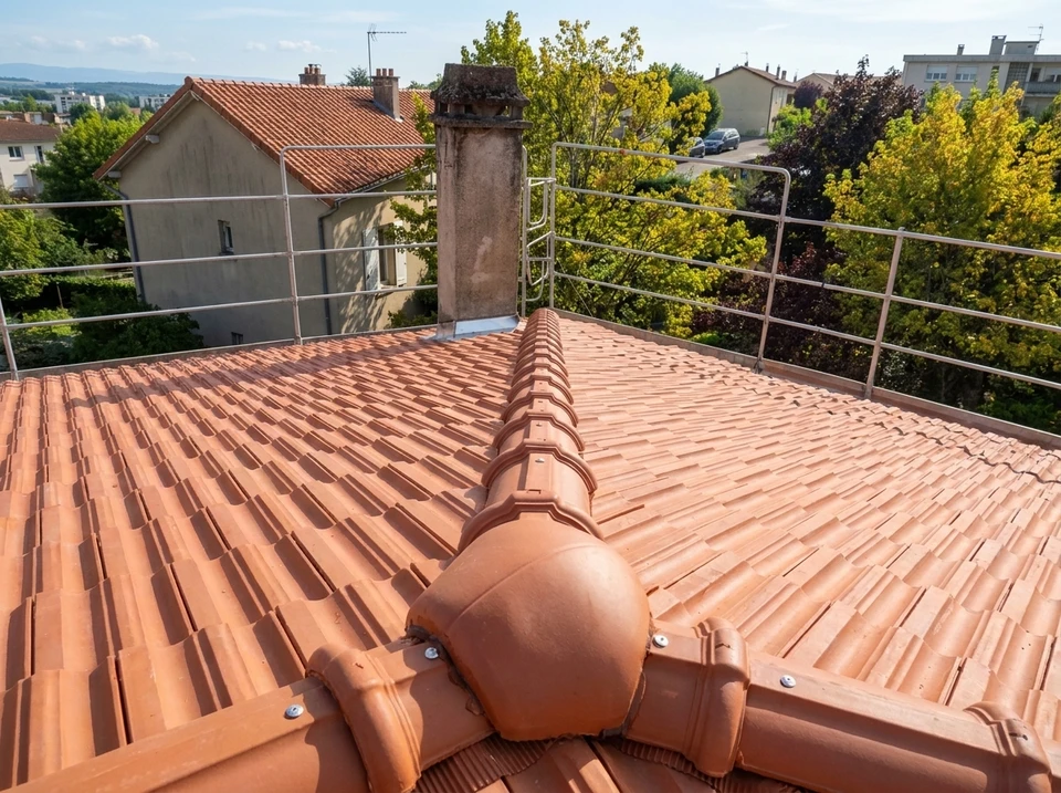 Chantier de construction résidentielle montrant la charpente en bois d'une toiture en cours d'assemblage