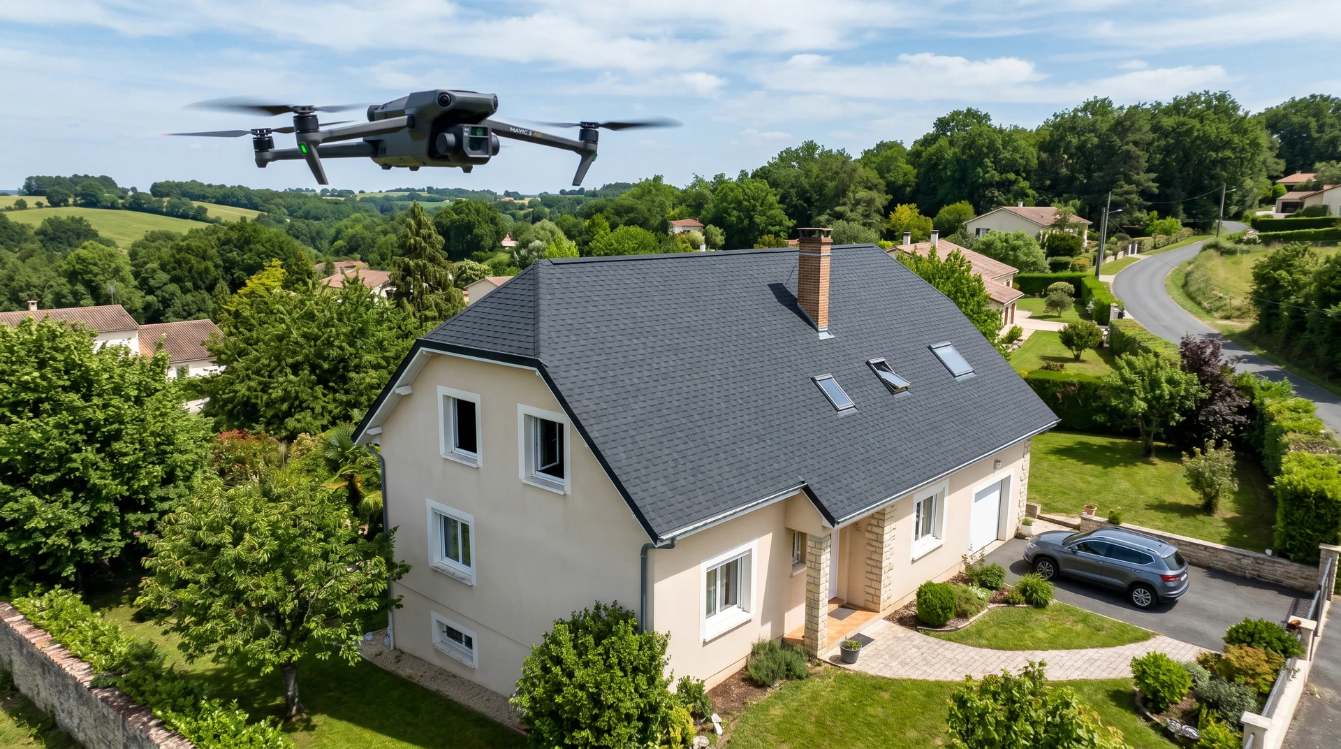 Vue aérienne drone d'une maison individuelle avec jardin et dépendances, prise depuis le haut, montrant clairement la toiture, les tuiles, la charpente et les détails architecturaux de la couverture. La photo doit être nette et détaillée, permettant de bien identifier l'état de la toiture (avant intervention). Lumière naturelle claire de jour, sans texte ni logo visible.