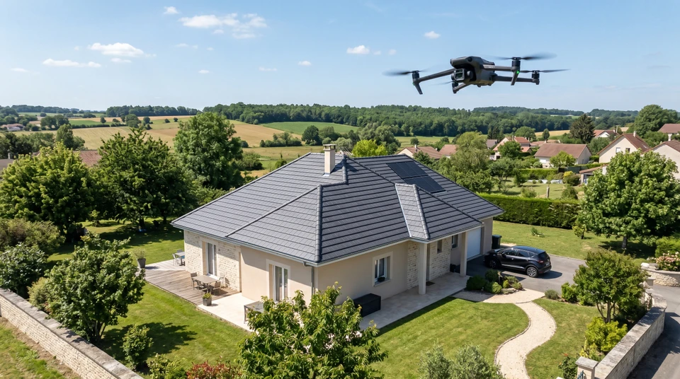 Avion de ligne en approche finale volant à très basse altitude au-dessus d'un quartier résidentiel avec toitures en tuiles et cheminées en brique
