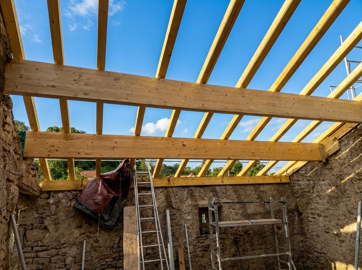 Photographie d'un artisan charpentier sur un chantier en toiture, examinant attentivement une zone de charpente ou d'isolation, tenant des plans ou des documents techniques, incarnant l'expertise et le suivi personnel du projet. L'image doit montrer clairement un environnement de chantier de couverture/charpente (avec éventuellement une maison en arrière-plan, des matériaux de toiture visibles), exprimant la compétence, la rigueur et l'engagement personnel de l'artisan dans le pilotage du projet.