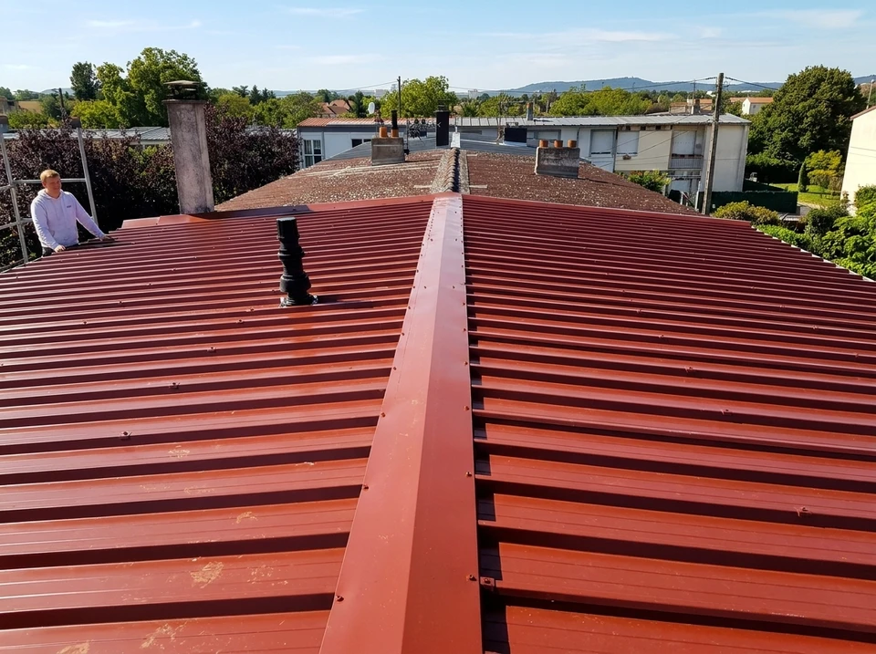 Vue aérienne rapprochée d'une maison individuelle avec sa toiture entièrement neuve en tuiles, photographiée depuis un drone, montrant clairement les travaux de couverture récemment terminés, les arêtes bien définies et le contraste avec l'état précédent du bâtiment.